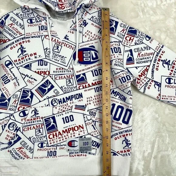 Champion Hoodie Sweatshirt Mens Medium 100 Century Collection All Over Print * - Picture 6 of 13